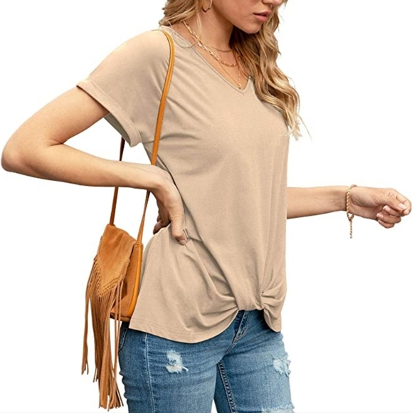 Iandroiy Women's Comfy Casual Summer Tops Short Sleeve V Neck Blouses T Shirts - Picture 3 of 6